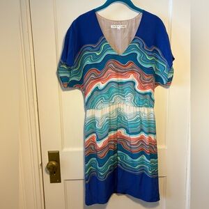 Trina Turk 100% silk Blue and Multicolor Wave Dress with cinched waistband